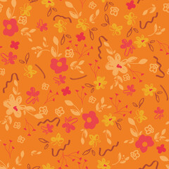 Abstract floral seamless pattern. Bright, pastel colors, gouache painting. Outline contour lines flowers. Scribble patterns Curved lines and brush strokes.