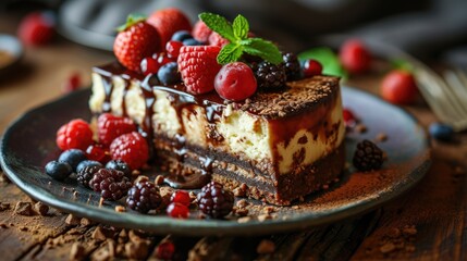 Fruit cake dessert, beautifully garnished with various types of berry