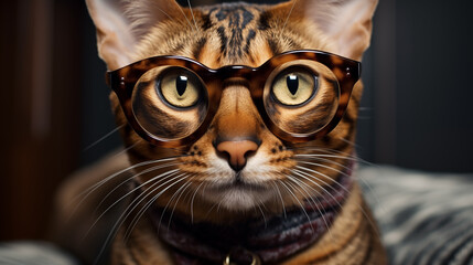 A Bengal Cat looking at camera with Eyeglasses. Funny and Cute image.