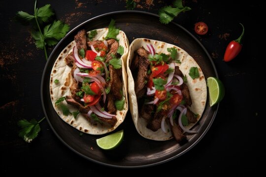 Mexican cuisine - Carne asada with tacos on countertop. Overhead view.