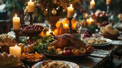 Fototapeta premium Traditional holiday meals, which might include a variety of dishes such as roasted chicken, vegetables and other festive foods. The setting could be a dining table decorated