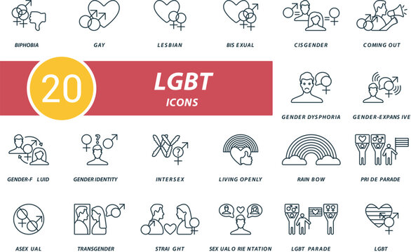 LGBT plus icons outline icons set. Creative icons: biphobia, gay, lesbian, bisexual, cisgender, coming out, gender dysphoria, gender-expansive and more
