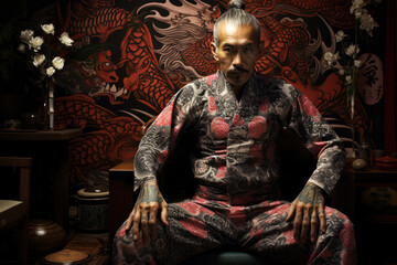 
Photograph of a Yakuza member adorned with traditional irezumi tattoos, capturing the underworld aspect of ancient Japanese culture