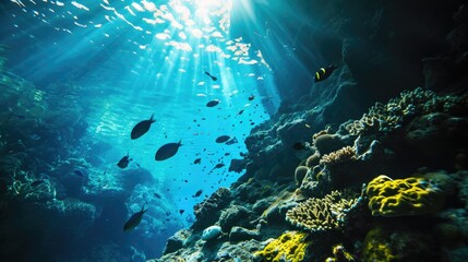 Fototapeta premium Underwater scene teeming with a variety of fish swimming in the beautiful blue waters of the sea. The underwater environment is likely rich with marine life.