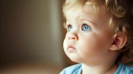 Curious toddler with bright blue eyes gazing up.