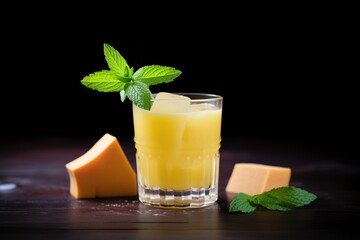 mango juice in glass with ice cubes and mint leaves