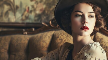 Lady in a vintage glamour fashion, which could include elements such as a classic hairstyle from a bygone era, retro makeup, and possibly vintage clothing and accessories. - obrazy, fototapety, plakaty