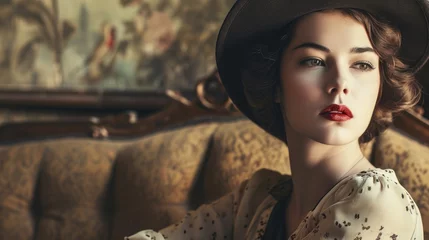 Fototapeten Lady in a vintage glamour fashion, which could include elements such as a classic hairstyle from a bygone era, retro makeup, and possibly vintage clothing and accessories. © thesweetsheep