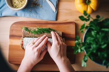 hands rolling tantuni in bread with herbs