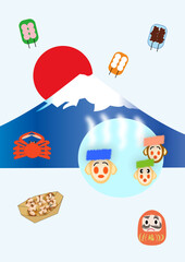 日本に旅行に行く人のためのイラスト　象徴富士山と太陽　温泉に入るさる　かに　だんご　たこ焼き　だるま