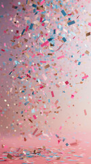 Colorful confetti and streamers against light pink background. Minimal party background