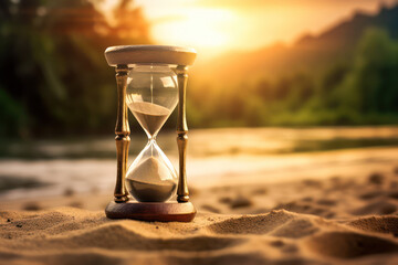 Time Running Out: An Antique Hourglass Sand Timer on a Beach Sunset Background