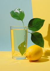 Lemon in a glass with a green leaf on a yellow and blue background. Citrus iced lemonade in pitcher and glasses with lemon slice and mint leaves decoration and on marble table on natural background. 