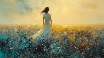 Atmospheric oil painting depicting a young woman gazing into the horizon across a field at sunset, with a dreamy, golden glow. - obrazy, fototapety, plakaty