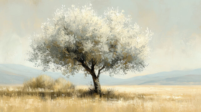 Textured oil painting of an olive tree in a golden field with a hazy, muted background suggesting distant hills.