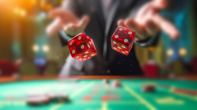 man at a casino table throwing dice, with blurred background