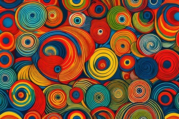 Fototapeta na wymiar Spirals of retro allure grace the canvas in an abstract illustration, forming a seamless pattern of circles against a backdrop of lively primary colors.