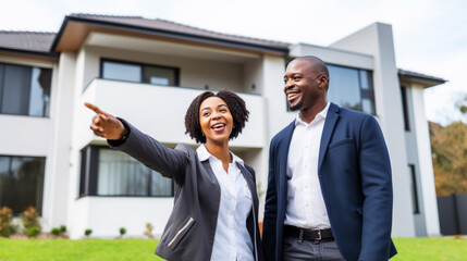 Fototapeta premium Property agent standing in a garden together with potential customer