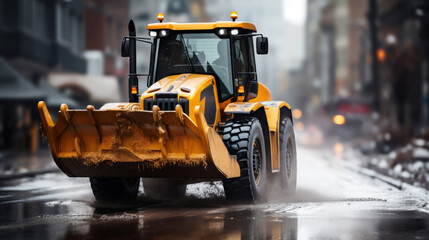 A yellow bulldozer drives through a rainy city street