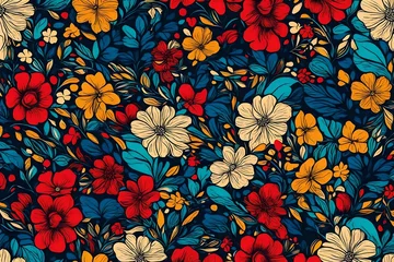 Fototapeten Dynamic and sophisticated, an abstract print comes to life with flowers, forming a seamless pattern against a backdrop of vibrant primary colors in retro style. © Best
