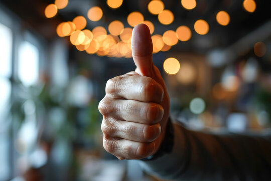 Closeup of male hand giving thumbs up before a blurred interior