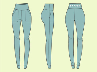 Ladies High Waist Leggings with Side Pocket - Front, Back, and Side Views - Gym, Sports, and Cycling Vector Flat Sketch