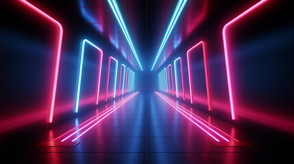  red blue neon light illuminated corridor tunnel, empty room, virtual space, ultraviolet light. 3d render