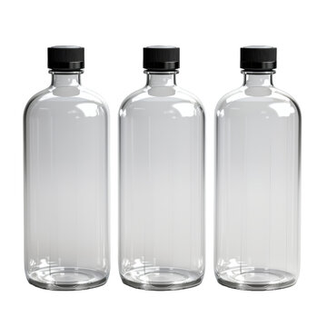 Empty glass bottles isolated, transparent and clean, with blue accents, containing a variety of liquids including water, medicine, and perfume, presenting a refreshing and healthy image of bottled bev