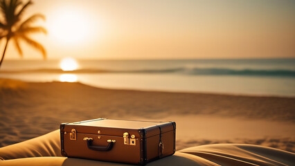 suitcase lies on the seashore, sand, vacation - obrazy, fototapety, plakaty