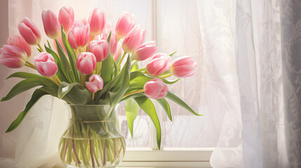 A bouquet of spring pink tulips