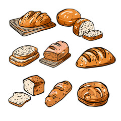 Hand drawn bakery bread set doodle elements. Sketch art vector illustration.