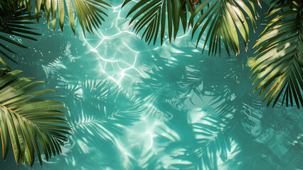 Fototapeta na wymiar Soothing view of sunlight on a tropical pool surrounded by palm leaves, perfect for summer and travel themes.