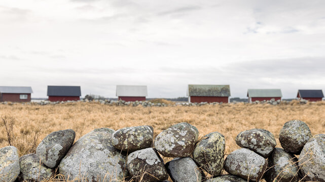 A rural wall and fishing cabins at point Kapelludden on the eastern shore of &Ouml;land