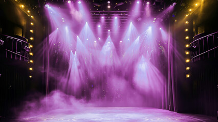 An empty stage with dramatic purple lighting and spotlights, ready for a concert or theater performance.