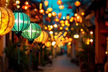 Colorful traditional lanterns hanging in a festive Asian street market, illuminating the evening...