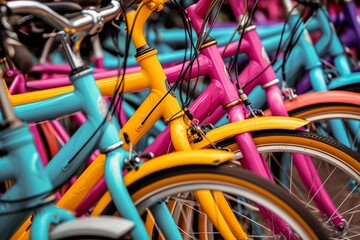 Colorful bicycles neatly lined up. Pink, blue, and yellow bikes create a vibrant urban outdoor scene.