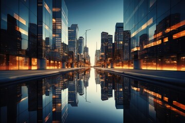 Obraz premium Reflective skyscrapers, business office buildings, Reflective Skyscrapers Business office buildings, low angle view of skyscrapers in city, sunny day. Business wallpaper. Ai generated