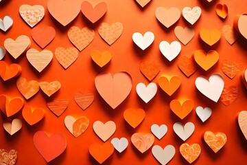 Vibrant tangerine paper hearts arranged with precision, offering a warm and inviting background for your Valentine's Day greetings.