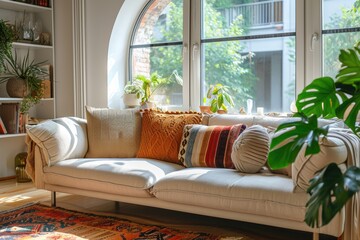 Corner sofa with pillows against arched window. Boho ethnic home interior design of modern living room
