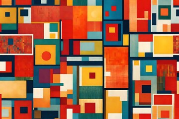 Radiant and lively, an abstract masterpiece showcases squares in a seamless pattern, capturing the essence of retro aesthetics with a vibrant primary color backdrop.