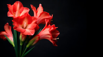 Fototapeta premium gladiolus flower on a dark background with a place for text