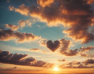 heart shaped sky at sunset. Clouds in shape of heart AI generated