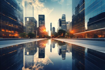 Reflective Skyscrapers Business office buildings, Reflective skyscrapers, business office buildings. low angle view of skyscrapers in city, sunny day. Business wallpaper. Ai generated