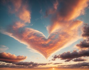 heart shaped sky at sunset. Clouds in shape of heart AI generated