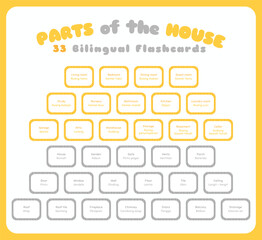 Parts of the house bilingual colorful flashcard vector set. Printable parts of the house  flashcard for kids. English Indonesian language.