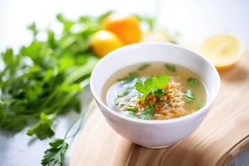 bowl of lentil soup with parsley garnish