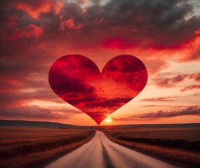 Red heart shaped sky at sunset. Beautiful landscape with road and clouds. AI generated