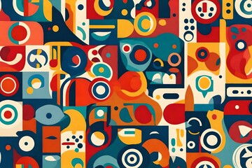 Harmony meets vibrancy as abstract shapes converge in a seamless pattern, bathed in the allure of trendy primary colors in retro style.