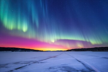 multi-color aurora spanning night sky over a frozen lake