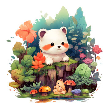 teddy bear on a log with flowers and mushroom